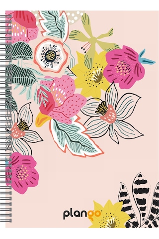 Renkli Çiçekler Spiralli Günlük Planlama Defteri - 100 Sayfa - 17x24 Planlayıcı Defter Beyaz - Mor