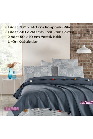 Madam Marica Antrasit Renkli Çift Kişilik Ponponlu Pike Takımı