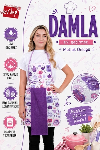 Damla 2li Set Sıvı Geçirmez Su Geçirmez Mutfak Önlüğü Lila