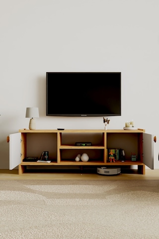 Molde Bohem Tv Sehpası Mdf Membran Kapaklı Raflı Tv Ünitesi Televizyon Sehpası Atlantik Çam - Beyaz