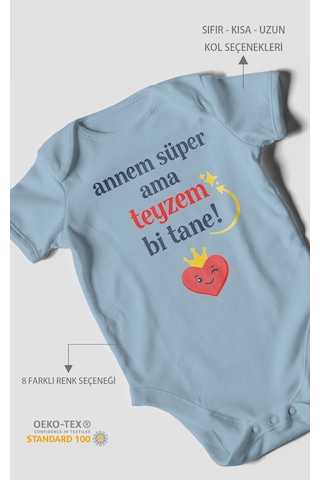 Morivokids Annem Süper Ama Teyzem Bi Tane Kısa Kollu Bebek Body %100 Pamuk Bebe Mavisi