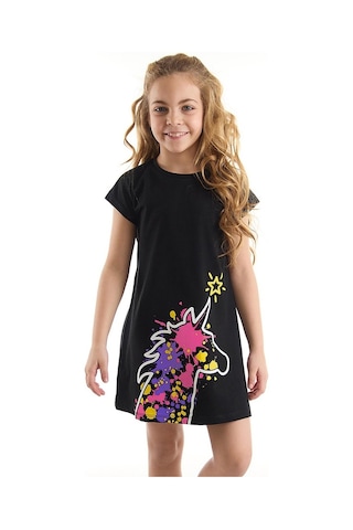 Denokids Mushi Unicorn Splash Kız Çocuk Elbise Siyah