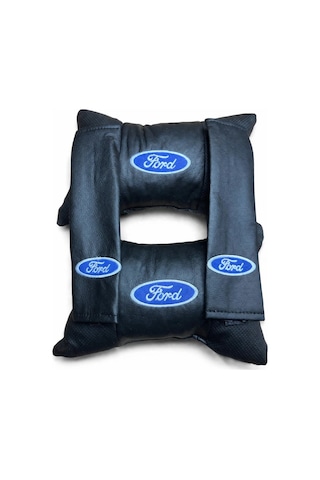 Ford Uyumlu Nakışlı Deri 1 Çift Boyun Yastık Ve 1 Çift Kemer Pedi Noktalı Düz Siyah