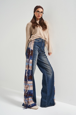 it's basic Kadın Kot Rengi 2w5-8 Flare Palazzo Fit Etnik Örme Detaylı Viskon Kumaş Özel Tasarım Denim Jean Mavi