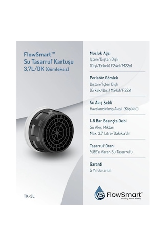 Su Tasarruf Aeratörü 3,7 L/dk %85 E Varan Su Tasarrufu Miks & Kuğu Uyumlu Beyaz - Siyah
