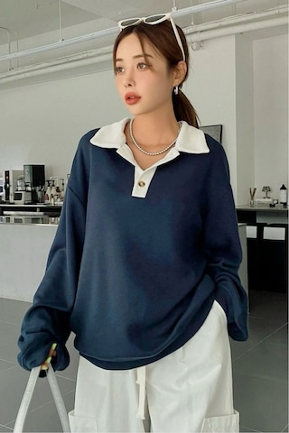 Nimas Kadın Oversize Polo Yaka 3 İplik Şardonlu Sweatshirt Lacivert - 675774194 Lacivert