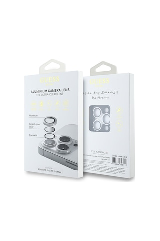 Apple Uyumlu iPhone 17 Pro Max Guess Lisanslı Metal Kamera Lens Koruyucu Gümüş