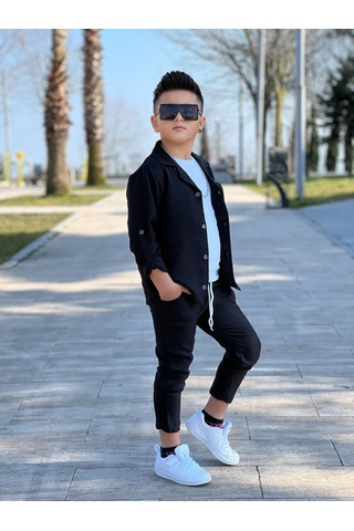 Modavals Kol Katlamalı Keten Gömlek & Beli Lastikli Keten Pantolon & Pamuklu Tshırt & Zincir Aksesuar 4lü Keten Erkek Çocuk Takım Siyah