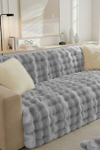 Lüks Kürklü Koltuk Örtüsü 170x215 Cm Yumuşak Peluş Kaymaz Taban Kanepe Örtüsü Gri Krem Gri - Krem