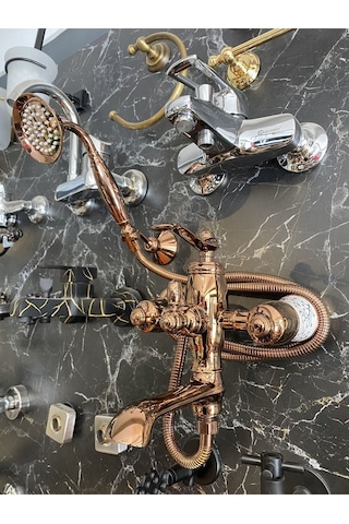 İsaoğlu Yapı Bakır Duş Seti Rose Bronz Vintage Duş Sistemi Porsalenli İşlemeli Premi Rose Gold
