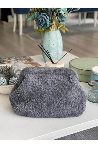 El Yapımı Antrasit Teddy Yün Örgü El Çantası Antrasit