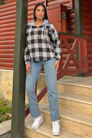 WeShaya Siyah & Gri Ekose Desenli, Yumuşak Dokulu, Kapüşonlu Oduncu Gömlek Siyah