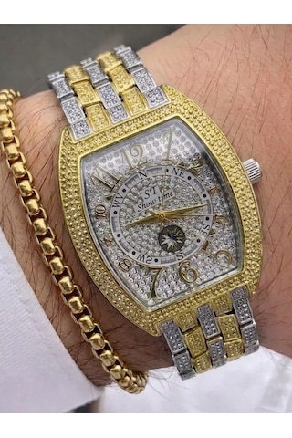 Erkek Taş İşlemeli Çelik Kol Saati Lüks Quartz Erkek Saati Premium Tasarım Bileklik Hediyeli Şık Erkek Kol Saati Çok Renkli-25 Cm