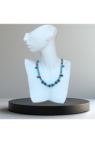 El Yapımı Turkuaz Taşlı Kolye-49 Cm Mavi