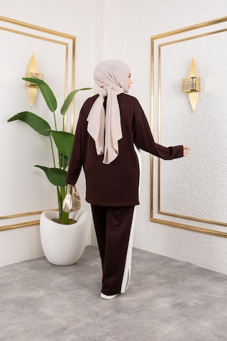 Hira Life Fashion Kadın Efsa Kahverengi Bisiklet Yaka Yanı Şeritli Ve Pantolon Cepli Alt-üst İkili Takım Kahverengi Kahverengi