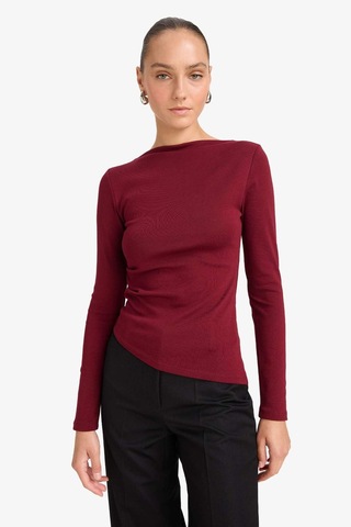 Defacto Slim Fit Dar Kesim Kayık Yaka Ribana Uzun Kollu Tişört G1581ax25aubr115 Bordo