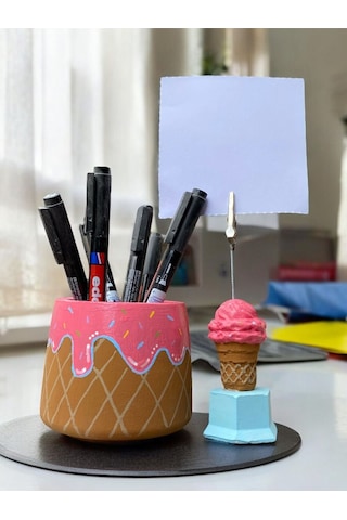 Dondurma Set Fotoğraf Not Tutacağı Kalemlik Ofis Masası Not Tutucu Hediyelik Pembe