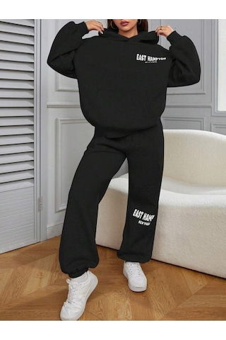 Siyah East Hampton Baskılı Kapüşonlu Sweatshirt Ve Eşofman Altı Eşofman Takımı Siyah