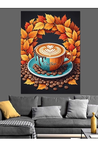 Ahşap Tablo Güz Yaprakları Ve Latte Sanatlı Fincan Kahve