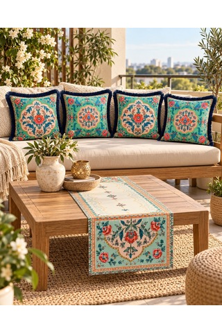 Oriental Bloom Çiçek Desenli Runner + 4 Lü Kırlent Kılıfı Kombin 45 x 45