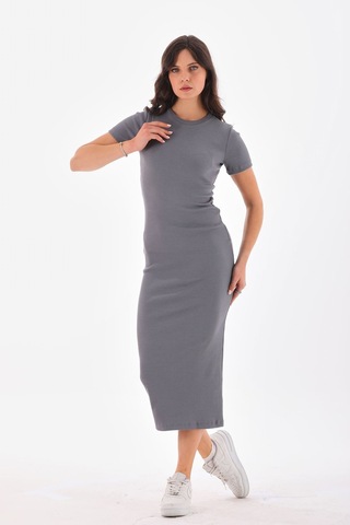 Gri Kısa Kollu Diz Altı Fitilli Esnek Kalem Elbise - 115 Cm Gri