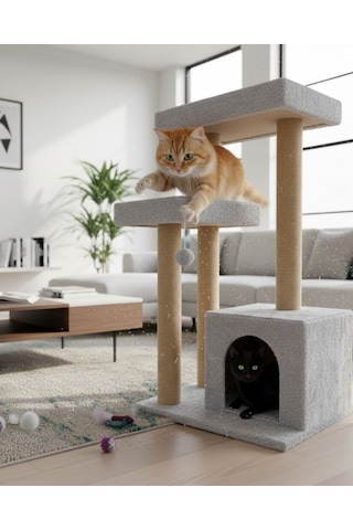Reyo Pet Kulübeli Çift Teraslı Kedi Tırmalaması Gri