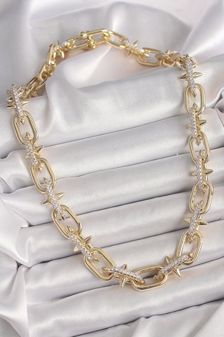 Pirinç Gold Renk Zirkon Taşlı Dikenli Halka Model Vıp Exculusive Seri Kadın Kolye Çok Renkli