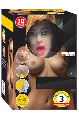 Erofoni Sarı Saçlı 3D Yüz Büyük Boy Sesli Titreşimli Süper Realistik 3 İşlevli Şişme Bebek Kadın Manken