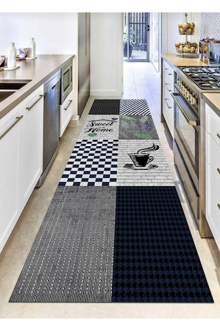 Gri, Mavi Sweet Home, Pamuk Dokuma Taban Mutfak Halısı