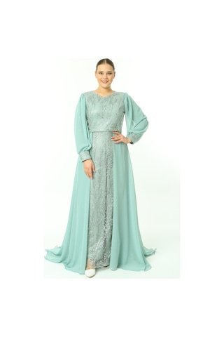 Ladies First Büyük Beden 3704 Küf Yeşili Uzun Abiye Elbise