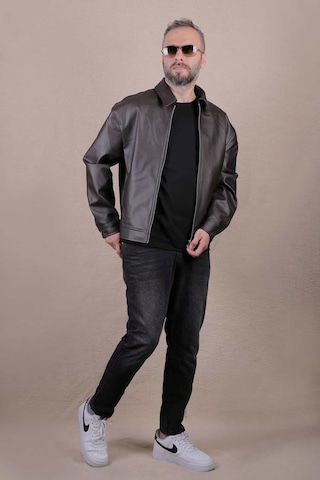 Ohepmoda Oversize Rahat Kalıp Düz Erkek Deri Ceket Kahverengi