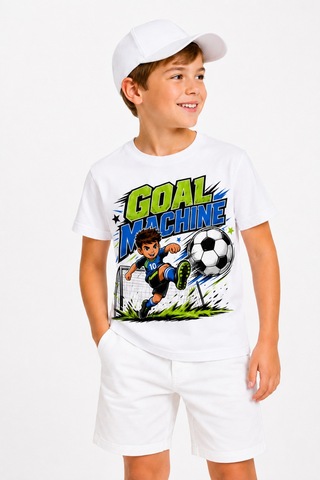 Bayloranzzo Goal Machine %100 Pamuk Premium Kalite Erkek Çocuk Tişörtü Beyaz
