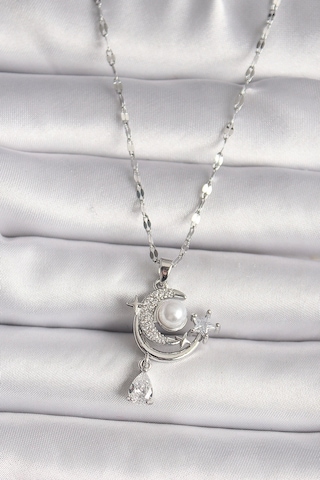 316l Çelik Gümüş Renk Zirkon Taşlı Ay Yıldız Sallantı Detay Kadın Kolye Çok Renkli