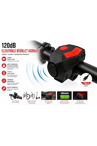 120 Db Usb Type-c Şarjlı Bisiklet Kornası Ve Anti Hırsızlık Alarmı Elektrikli Bisiklet Zili Scooter, Mtb Ve Yol Bisikleti Uyumlu 200mah Batarya Siyah