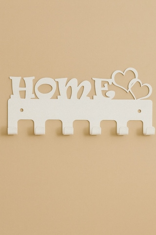 Lunoart Home Yazılı Kalpli Metal Anahtarlık Askısı Duvar Tipi Anahtar Organizer Beyaz