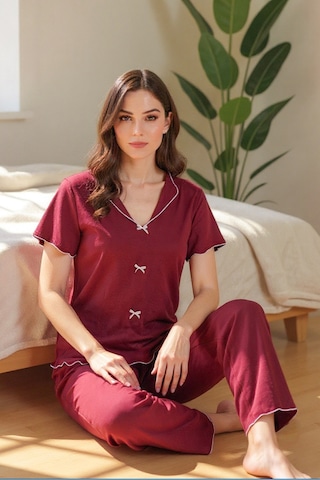 Bella Notte Pamuklu Bordo V Yaka Yazlık Pijama Takımı