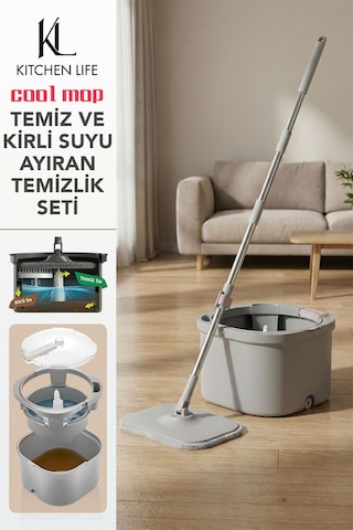 Akıllı Hazne Özellikli Kirli Suyu Ayıran Çift Kovalı Otomatik Temizlik Seti - Mop Paspas
