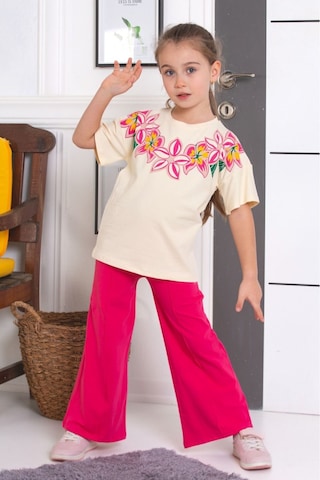 Tunays Shopping İspanyol Paça Tayt Pantolon Çiçek Baskılı Oversize Tshirt Kız Çocuk Alt Üst Takım Fuşya