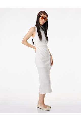 Koton Bürümcük Kolsuz Dik Yaka Midi Bodycon Elbise Ekru 6sal80003ık