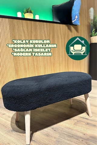 Paris Retro Ahşap Ayaklı Geniş Oturum Alanlı Oval Bench Puf Siyah