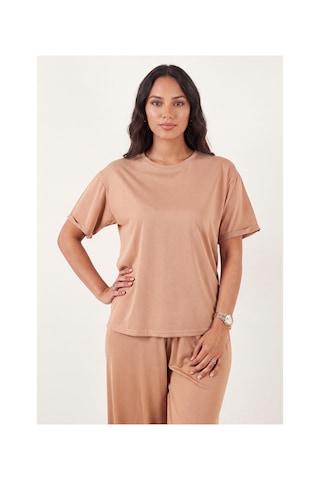 Lela Yumuşak Dokulu Bisiklet Yaka Lastikli Bel Kısa Kollu Pijama Takımı Bayan Pijama Takımı 65720102 Bej