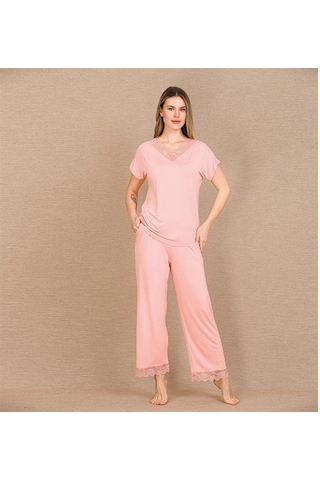 Online Kapsulavm Avm Alışveriş Kapsulavm Viskon Şık Tasarım Dantel İşlemeli Açık Pembe Kısa Kol Pijama Takımı