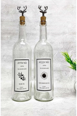 Siyah Geyik Tıpalı Şeffaf Cam Şişe 2'li 750 Ml Zeytinyağı Sıvıyağ Etiketli Yağdanlık Yağlık Diğer