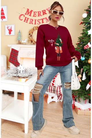 Kadın Uzun Kollu Bisiklet Yaka Desenli Viskon Iki Iplik Bluz Bordo