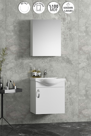 Yıldız Asma 45 Cm Beyaz Mdf Seramik Lavabolu Banyo Dolabı Takımı Beyaz