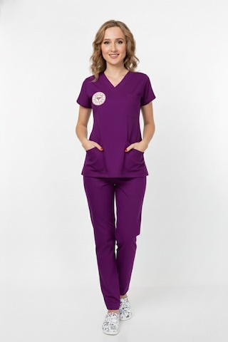 Unisex Byzantium Mor Soft Likra Scrubs Ebe Üniforma Takımı Sağlık Bakanlığı Yeni Yönetmeliğe Uygun Mor