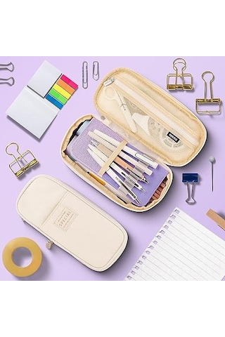 Dofolink Renkli Çanta: Geniş Kapasiteli 3 Bölmeli Gergin Askılıklı Kanvas Kalem Çantası, 50-60 Kalem Saklar, Seyahat/makeup/teknik Çantası Olarak Kullanılabilir - Mor/krem Çok Renkli