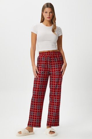 Ritnice Kadın Teddi Ultra Yumuşak Cepli Kırmızı Ekose Desen Yılbaşı Pijama Altı Koyukırmızı Koyu Kırmızı