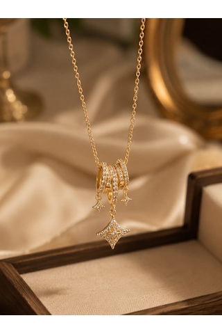 Luis Çelik Charm Kolye Zirkon Taşlı Altın Renk 40+5 Cm