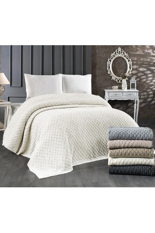 Akrilik Örgü Battaniye Çift Kişilik 220 X 240 Cm Yatak Örtüsü Pike Poly Krem